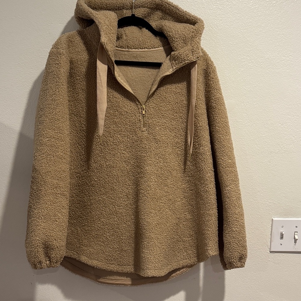 LOFT Tan Sherpa Hooded Quarter-Zip Pullover